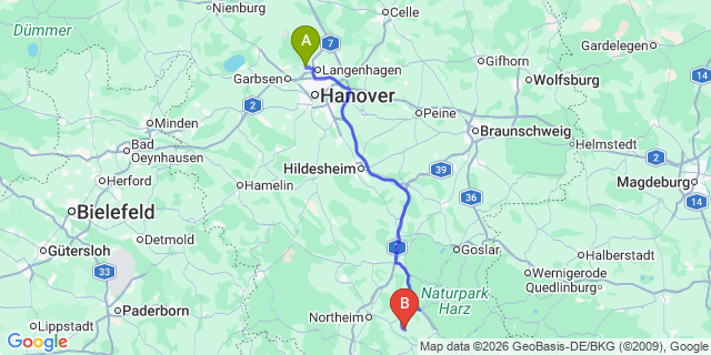 Map: Hannover Airport (HAJ) to Wulften am Harz