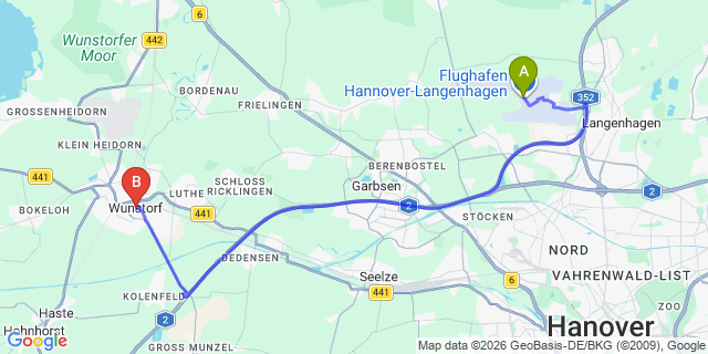 Map: Hannover Airport (HAJ) to Wunstorf
