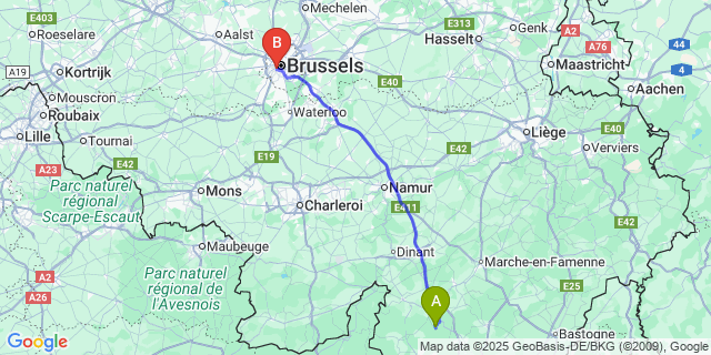 Map: Brussels Midi Train Station to Daverdisse