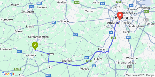 Map: Brussels Midi Train Station to Deux-Acren