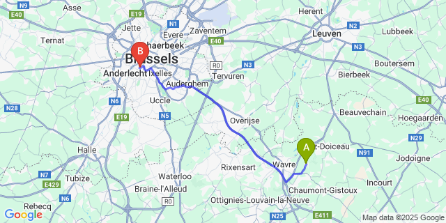 Map: Brussels Midi Train Station to Dion-Le-Val