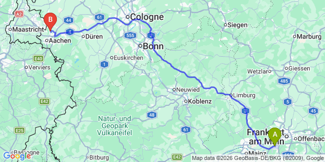 Map: Frankfurt Airport (FRA) to Luxembourg city (all areas)