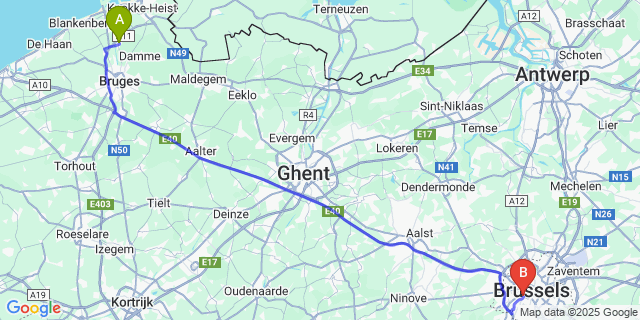 Map: Brussels Midi Train Station to Dudzele