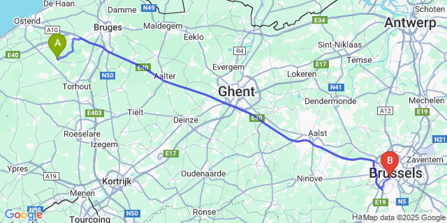 Map: Brussels Midi Train Station to Eernegem
