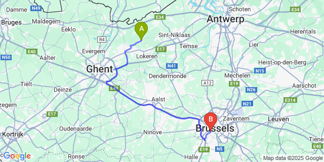 Map: Brussels Midi Train Station to Eksaarde