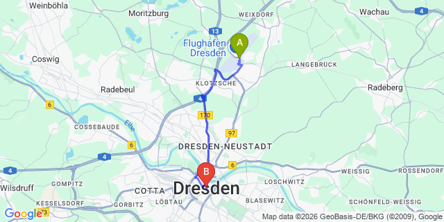 Map: Dresden Airport (DRS) to Dresden city (all areas)