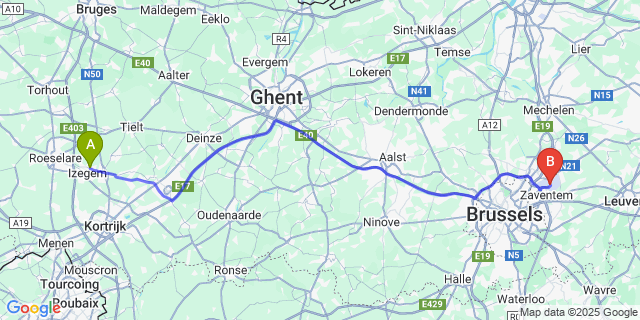 Map: Brussels Zaventem Airport (BRU) to Emelgem