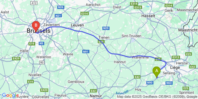 Map: Brussels Midi Train Station to Engis