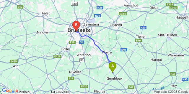 Map: Brussels Midi Train Station to Ernage