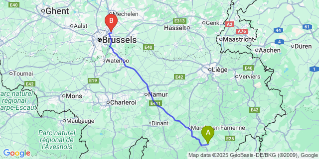 Map: Brussels Zaventem Airport (BRU) to Erneuville