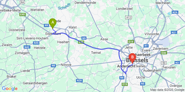 Map: Brussels Midi Train Station to Erondegem