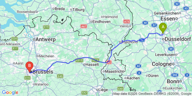 Map: Düsseldorf Airport (DUS) to Nivelles