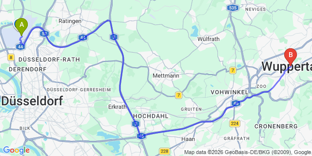 Map: Düsseldorf Airport (DUS) to Wuppertal