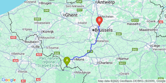 Map: Brussels Zaventem Airport (BRU) to Erquennes