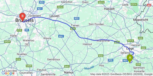 Map: Brussels Midi Train Station to Esneux