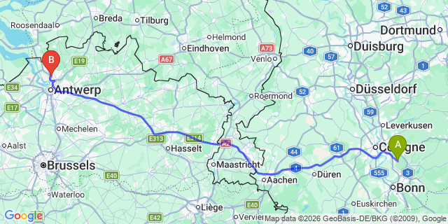 Map: Cologne-Bonn Airport (CGN) to Antwerp