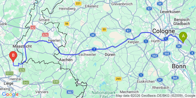 Map: Cologne-Bonn Airport (CGN) to Bassenge