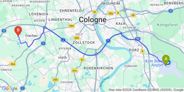 Map: Cologne-Bonn Airport (CGN) to Düsseldorf city (all areas)