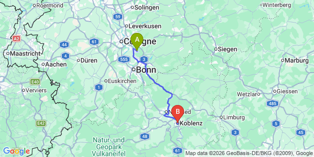 Map: Cologne-Bonn Airport (CGN) to Koblenz