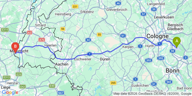 Map: Cologne-Bonn Airport (CGN) to Lanaken