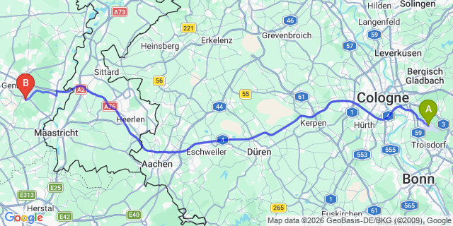 Map: Cologne-Bonn Airport (CGN) to Zutendaal