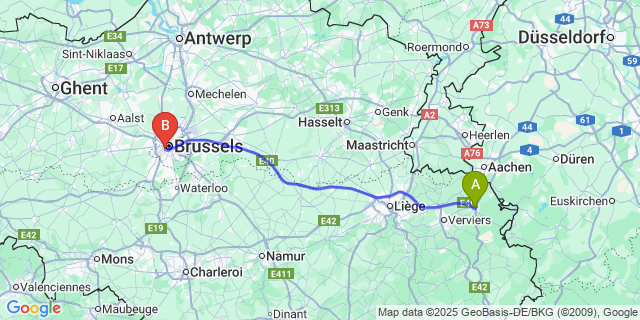 Map: Brussels Midi Train Station to Eupen