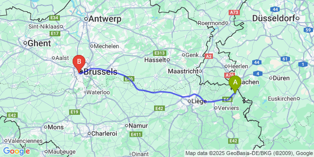 Map: Brussels Midi Train Station to Eynatten