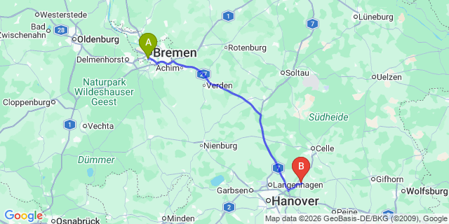 Map: Bremen Airport (BRE) to Hamburg