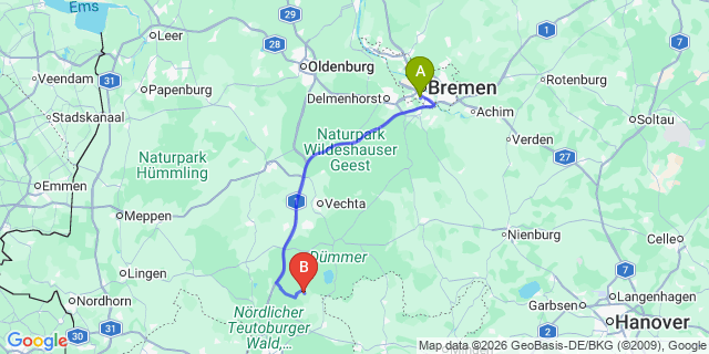 Map: Bremen Airport (BRE) to Oldenburg