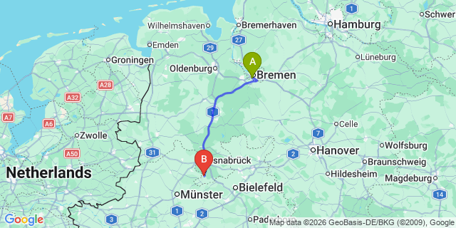 Map: Bremen Airport (BRE) to Osnabrück city (all areas)