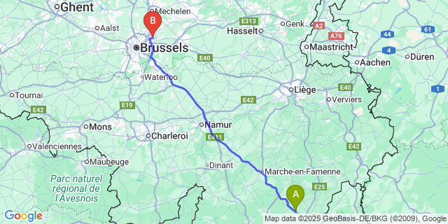 Map: Brussels Zaventem Airport (BRU) to Flamierge