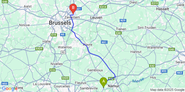 Map: Brussels Zaventem Airport (BRU) to Floriffoux