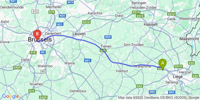 Map: Brussels Midi Train Station to Fooz