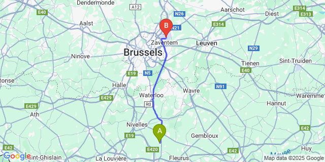 Map: Brussels Zaventem Airport (BRU) to Frasnes-Lez-Gosselies