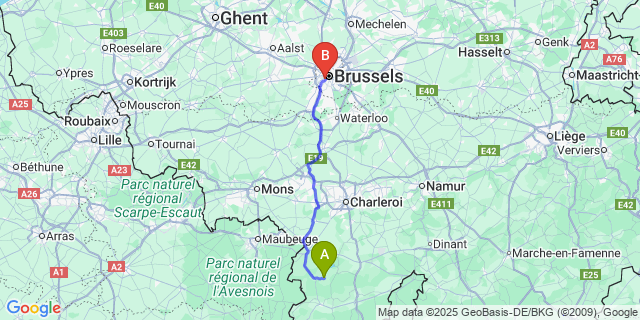 Map: Brussels Midi Train Station to Froidchapelle