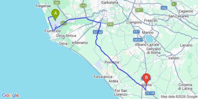 Map: Rome Fiumicino Airport (FCO) to Aprilia