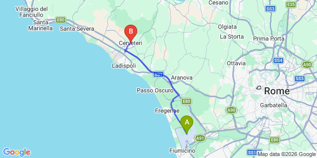 Map: Rome Fiumicino Airport (FCO) to Cerveteri