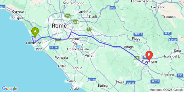 Map: Rome Fiumicino Airport (FCO) to Frosinone