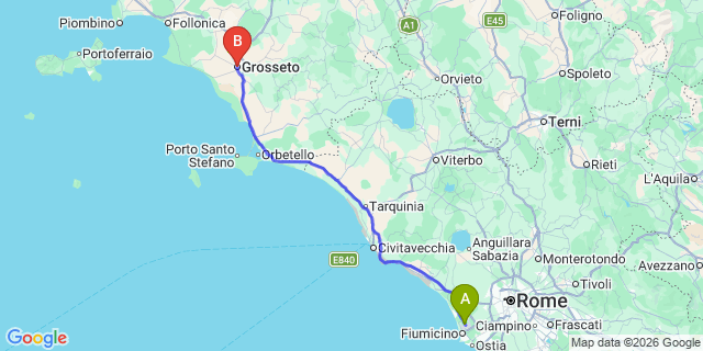 Map: Rome Fiumicino Airport (FCO) to Grosseto