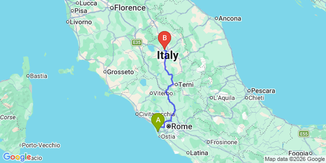 Map: Rome Fiumicino Airport (FCO) to Perugia