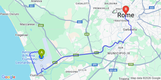 Map: Rome Fiumicino Airport (FCO) to Rome city (all areas)