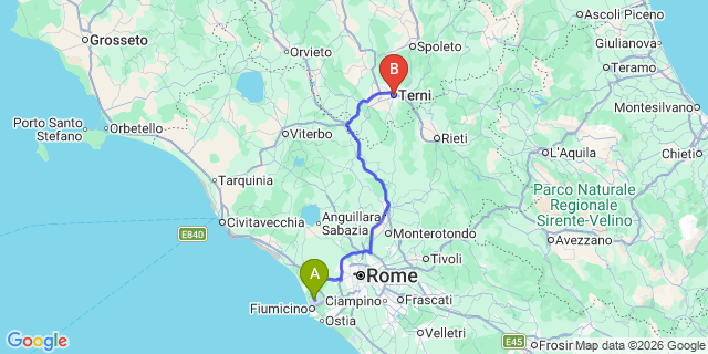 Map: Rome Fiumicino Airport (FCO) to Terni