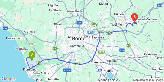 Map: Rome Fiumicino Airport (FCO) to Tivoli
