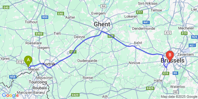 Map: Brussels Midi Train Station to Geluwe