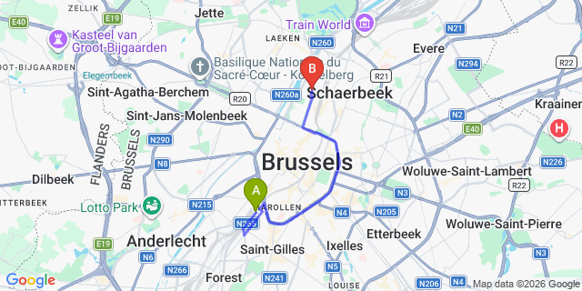 Map: Brussels Midi Train Station to a&o Brussel Centrum, Brussels