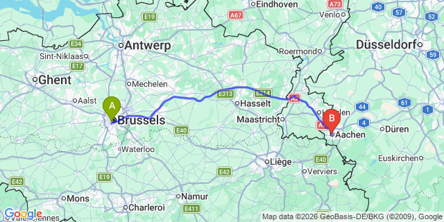 Map: Brussels Midi Train Station to Aachen