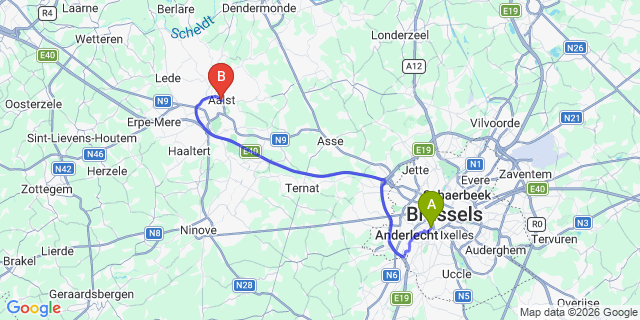 Map: Brussels Midi Train Station to Aalst