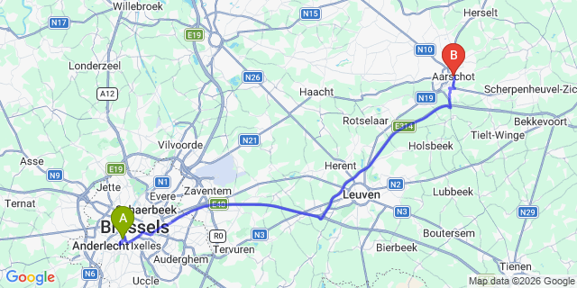 Map: Brussels Midi Train Station to Aarschot