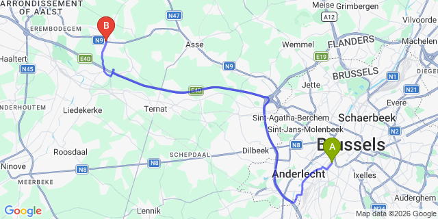 Map: Brussels Midi Train Station to Affligem