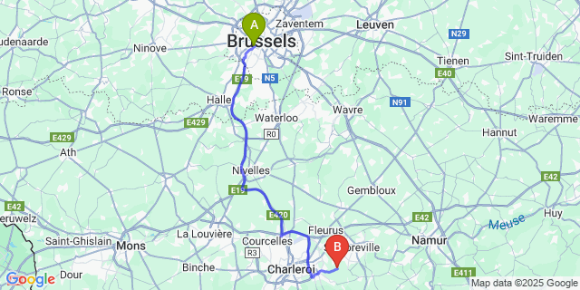Map: Brussels Midi Train Station to Aiseau-Presles